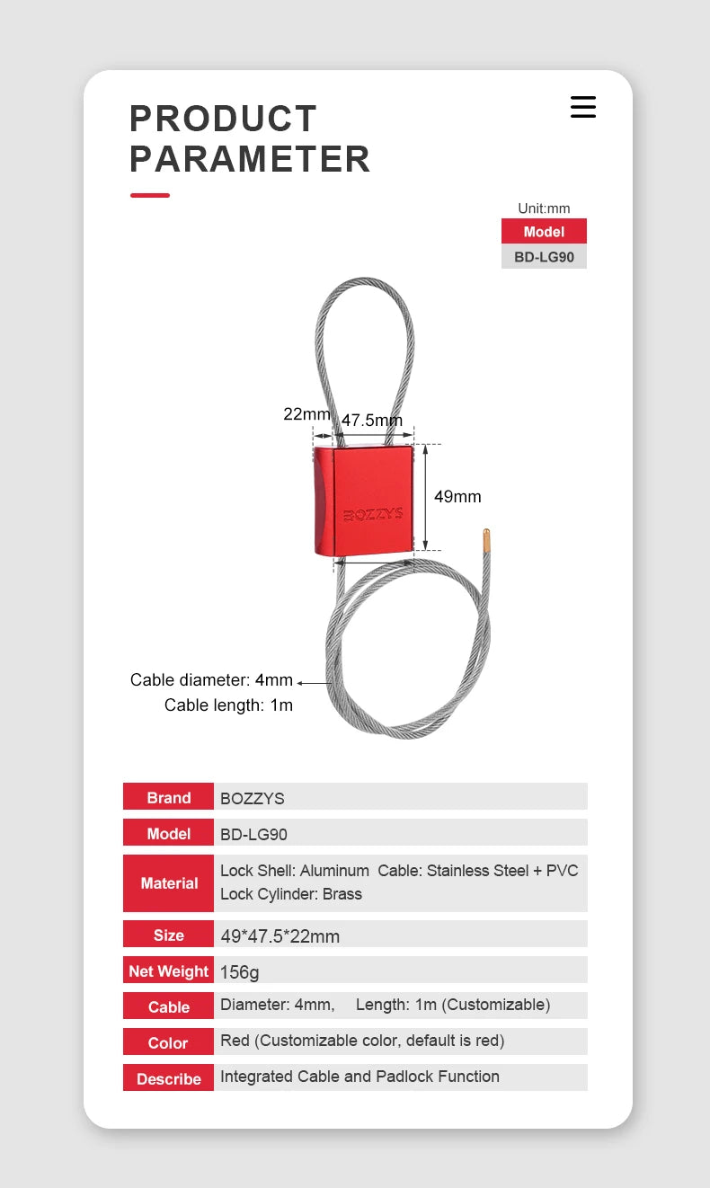 BOZZYS Adjustable Cable Lockout Padlock - Industrial Safety Lock