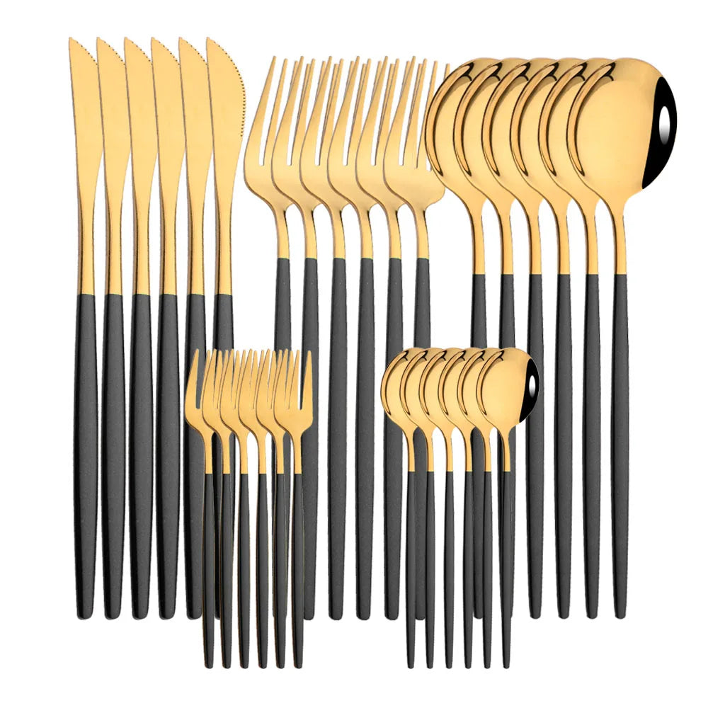 Vabena 30-Piece Black Gold Stainless Steel Dinnerware Set