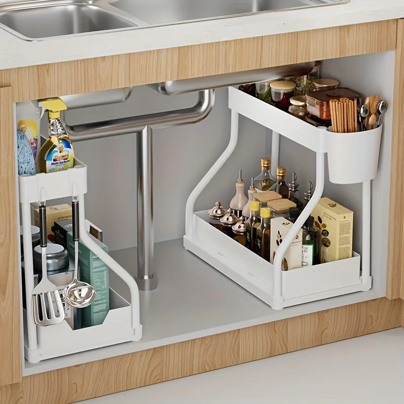 Vabena 2-Tier Under Sink Pull-Out Organizer - Space Saving Storage for Kitchen & Bath