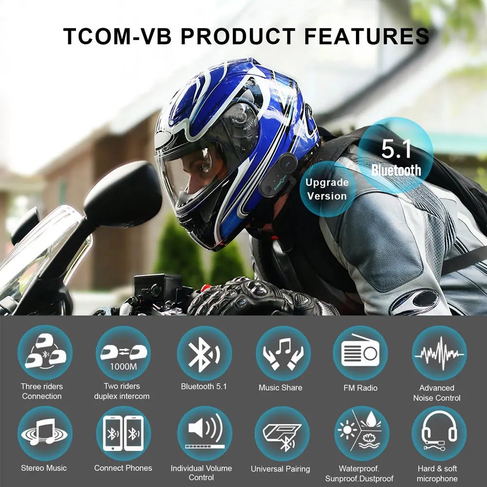 Freedconn T-Com VB Bluetooth Intercom | 6-Rider Motorcycle Headset & FM