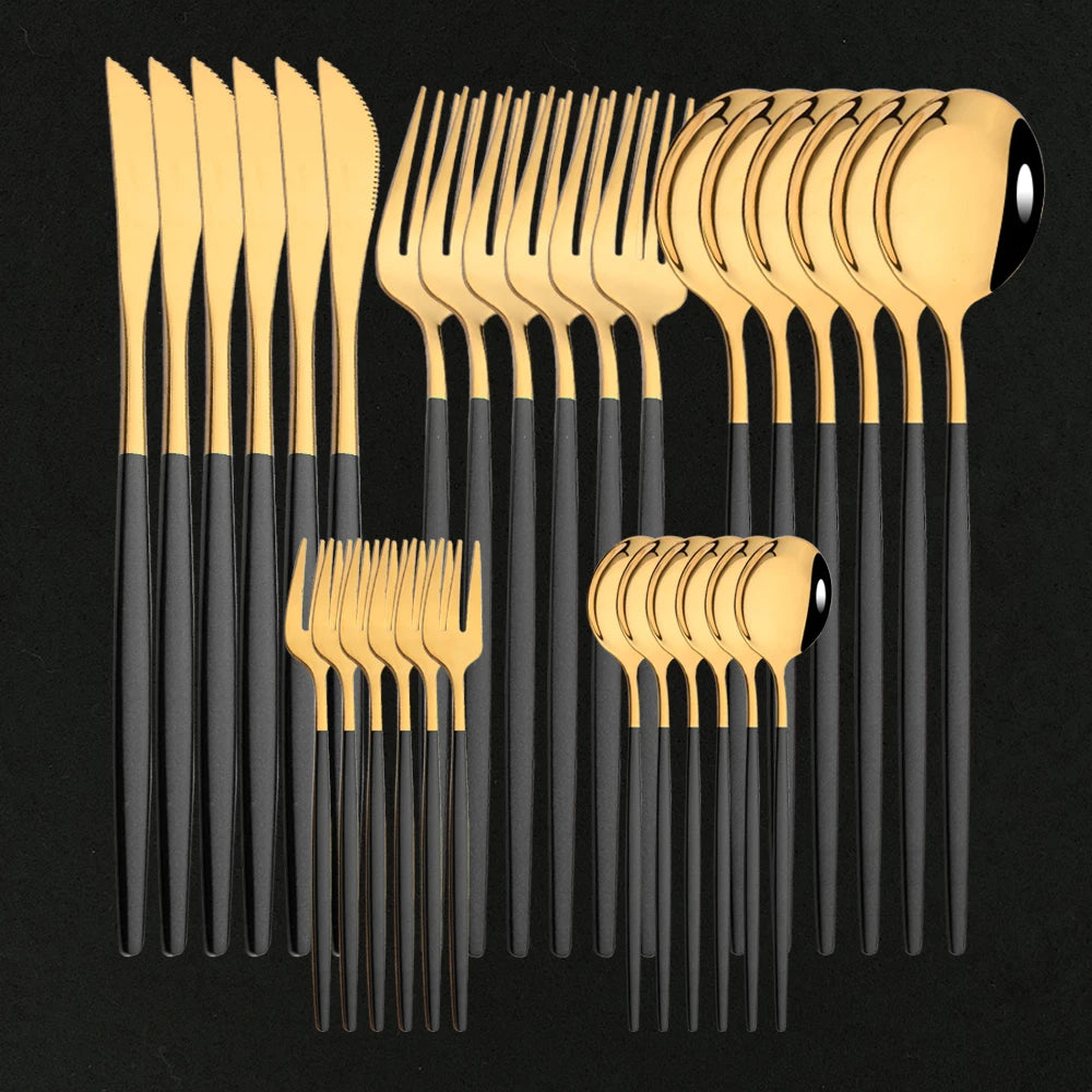 Vabena 30-Piece Black Gold Stainless Steel Dinnerware Set