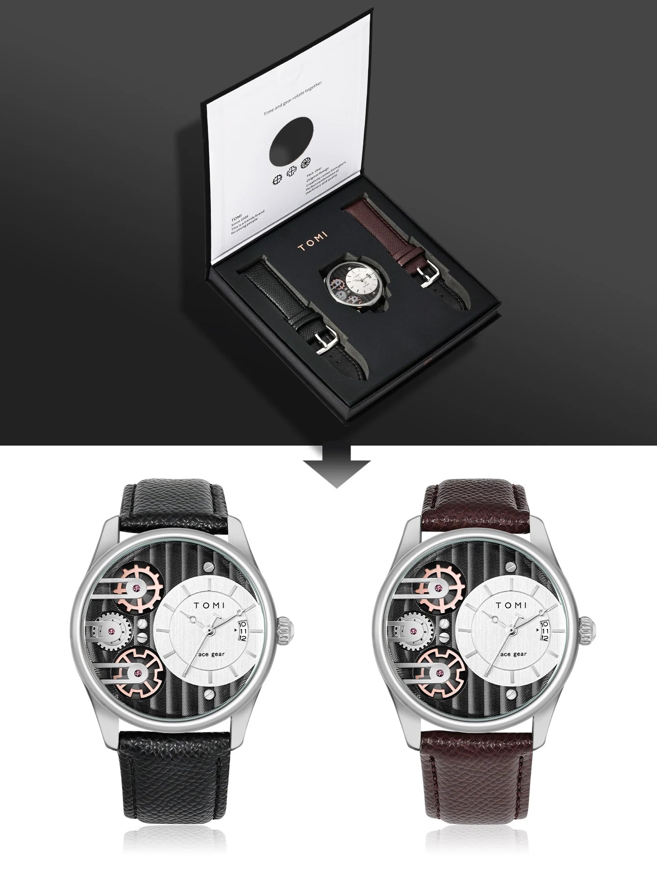 TOMI Men's Luxury Quartz Watch Gift Set - Detachable Strap