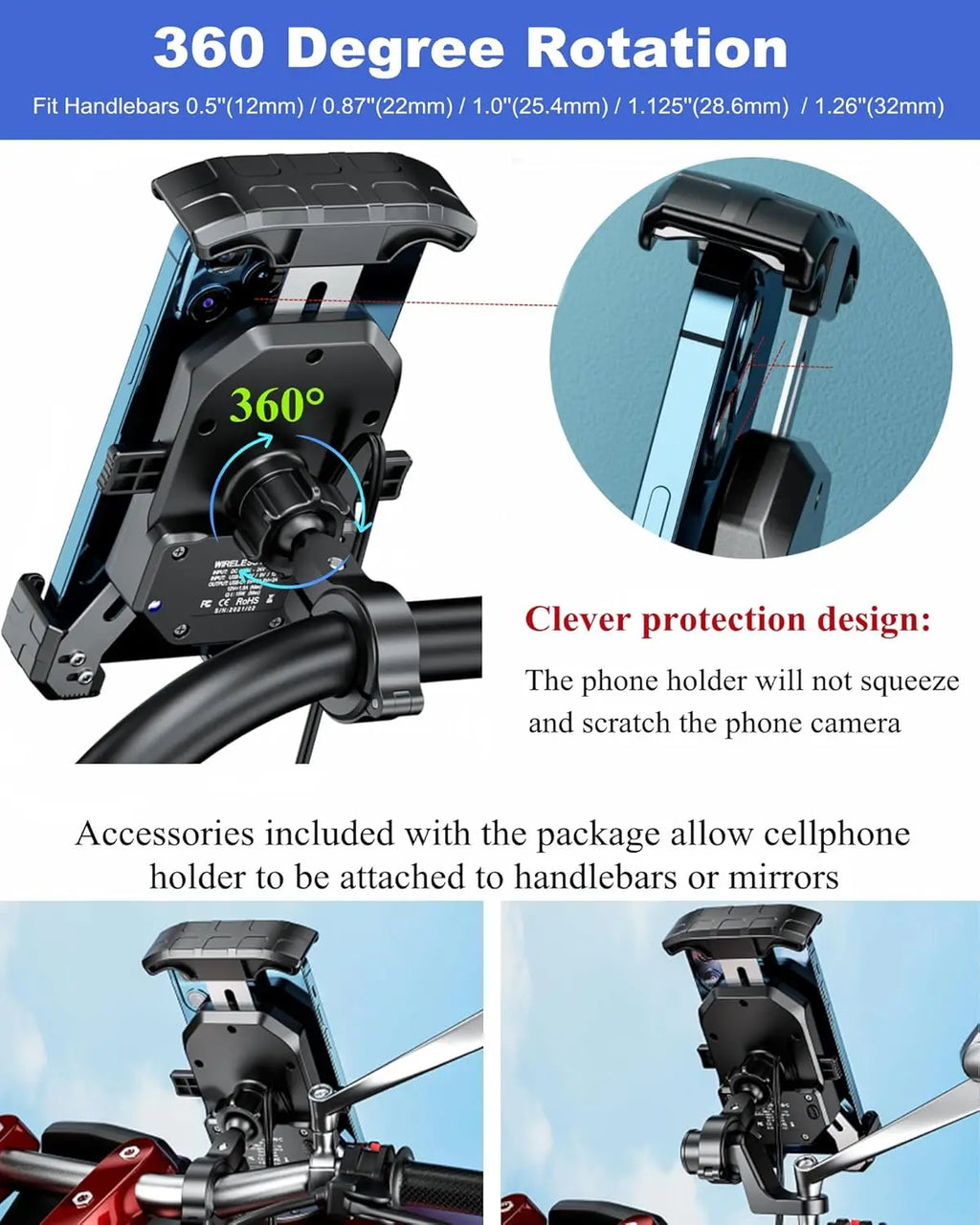 Motorcycle Phone Holder with Fast Wireless & USB Charging | Handlebar & Mirror Mount