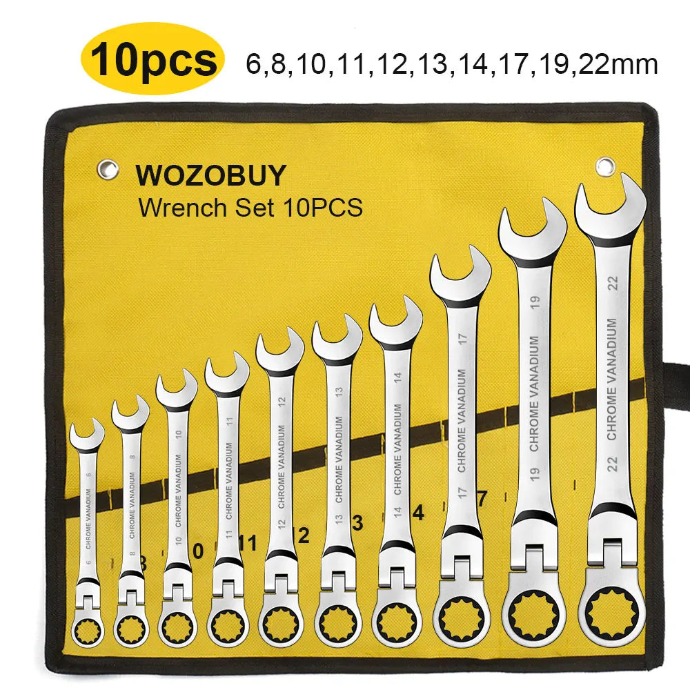 Ratcheting Flex Head Spanner Set | 6-23mm Metric Wrench Kit