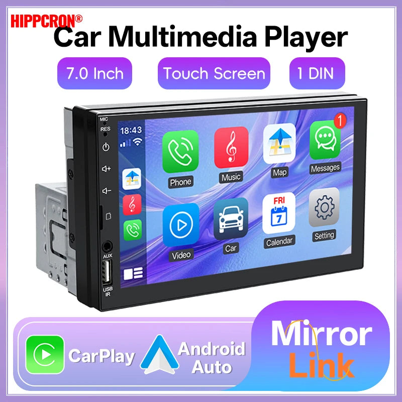 Hippcron 7" 1 Din Car Radio - CarPlay Android Auto Multimedia Player