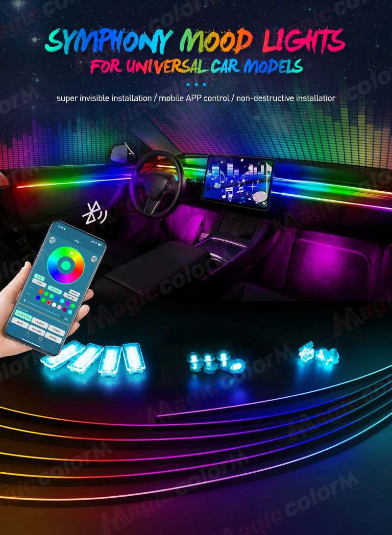 18-in-1 LED Car Ambient Lights Kit - 64 Color RGB Symphony Streamer Interior Bluetooth Strips