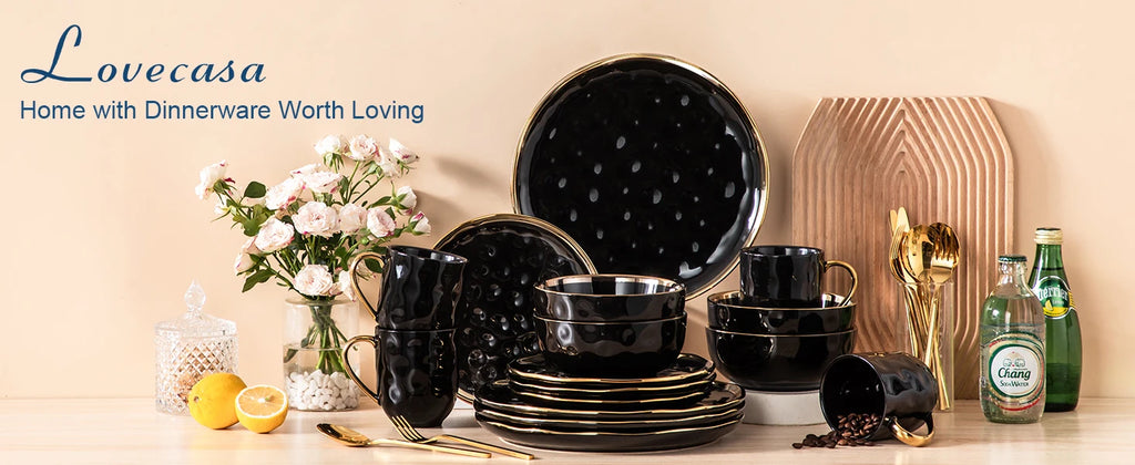 LOVECASA 16/32-Piece Black Porcelain & Gold Dinnerware Set