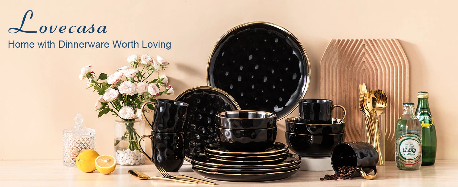 LOVECASA 16/32-Piece Black Porcelain & Gold Dinnerware Set