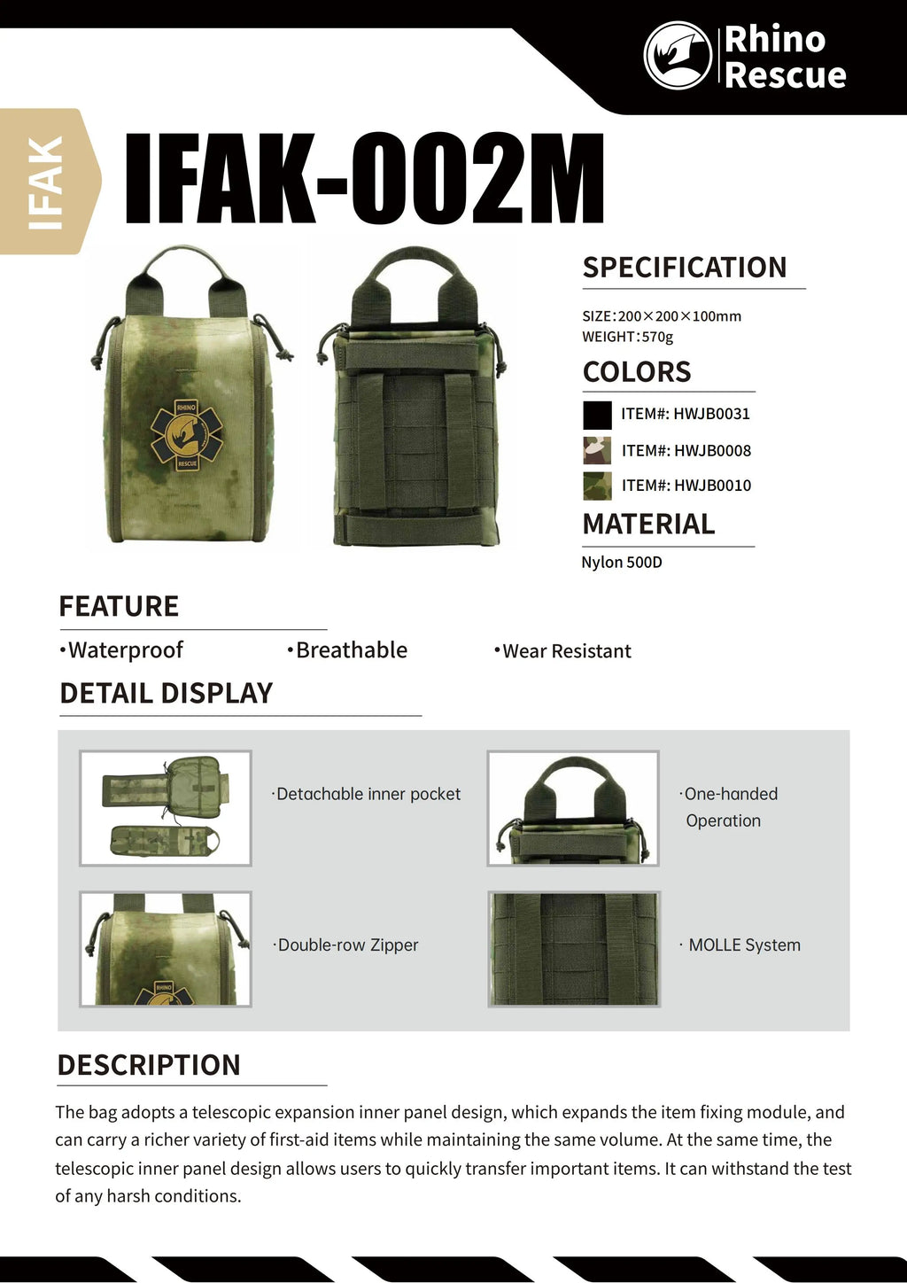 Rhino Rescue 002M IFAK Pouch with Molle - Outdoor Survival First Aid Kit