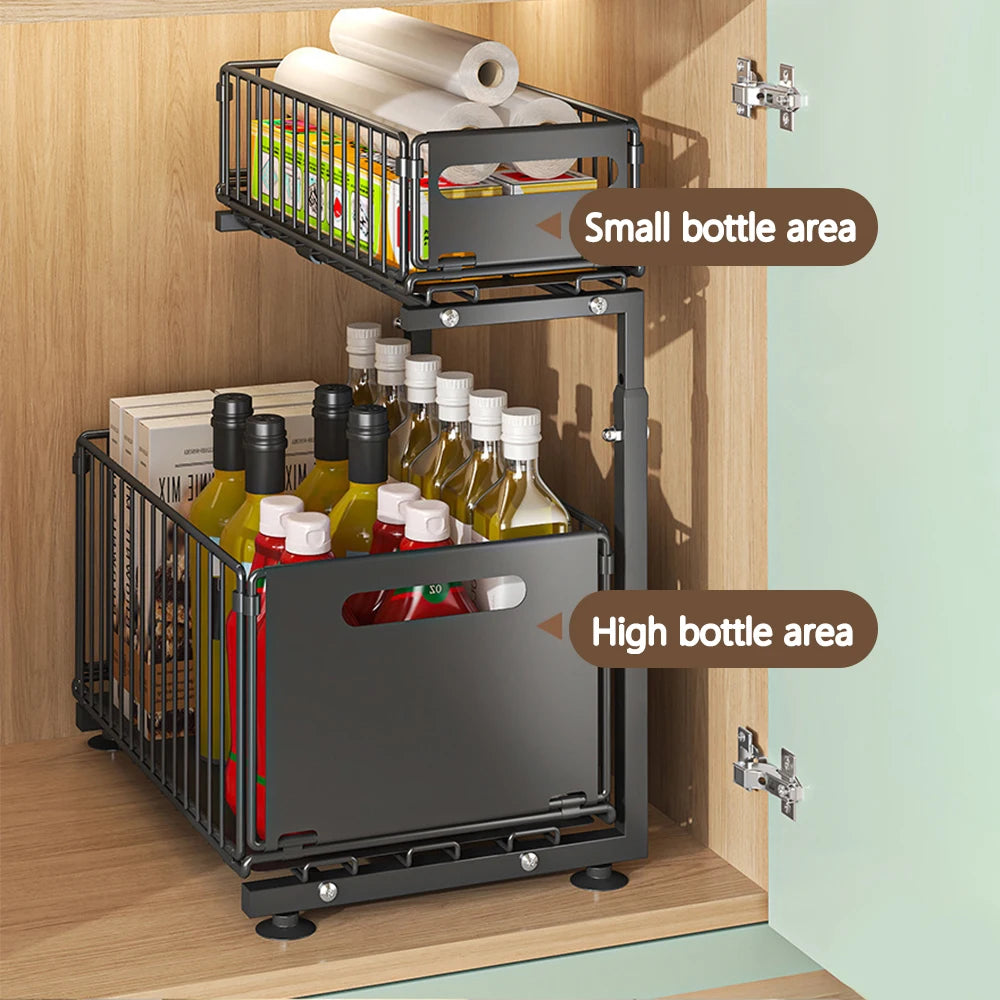 2-Tier Pull-Out Cabinet Organizer - Adjustable Under Sink Storage & Spice Rack