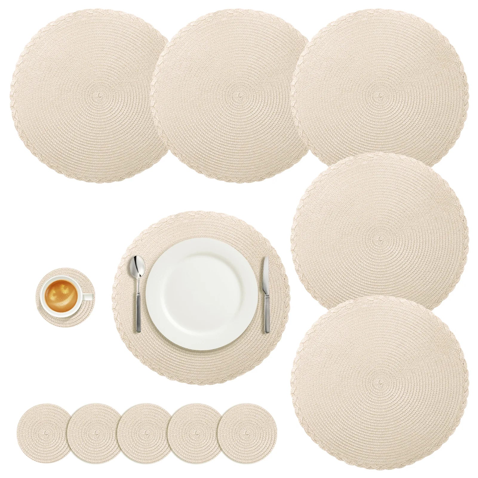 Set of 12 Round Braided Placemats & Coasters | Washable, Heat Resistant & Non-Slip