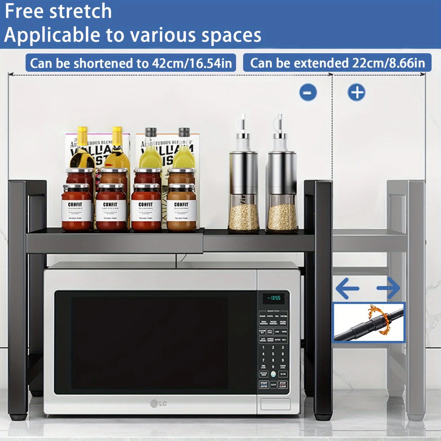 Expandable Microwave Shelf with 6 Hooks - Kitchen Storage Rack