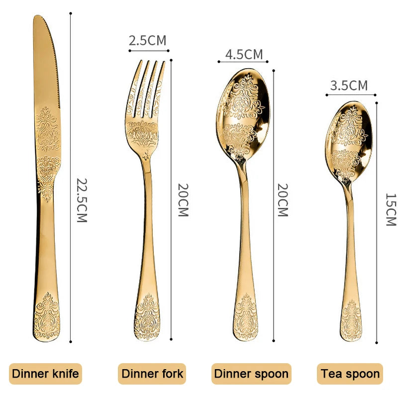Luxury Gold Silverware Set | Vintage Carved Stainless Steel Cutlery 16/24Pcs