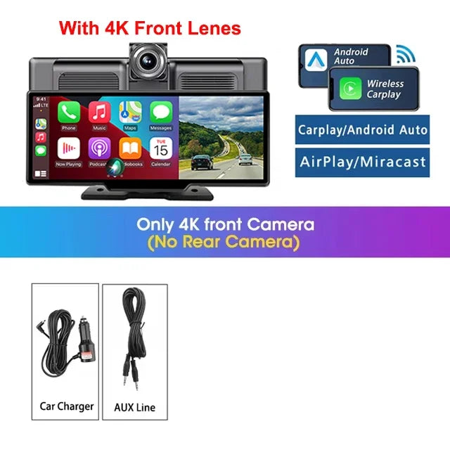 Srnubi 10.26" 4K Dash Cam with CarPlay, Android Auto & GPS