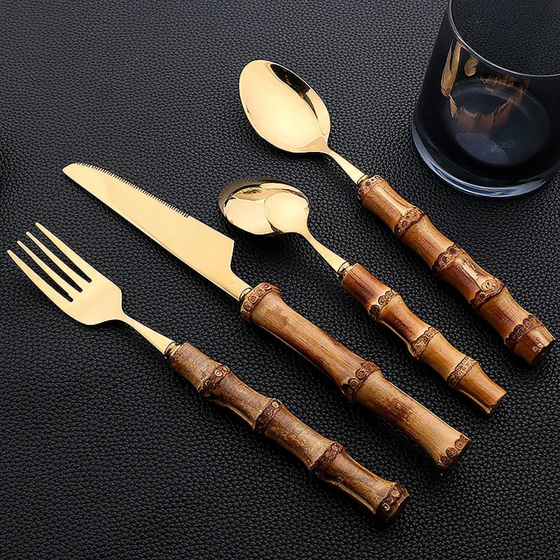 24-Piece Bamboo & Stainless Steel Cutlery Set - Elegant Dining
