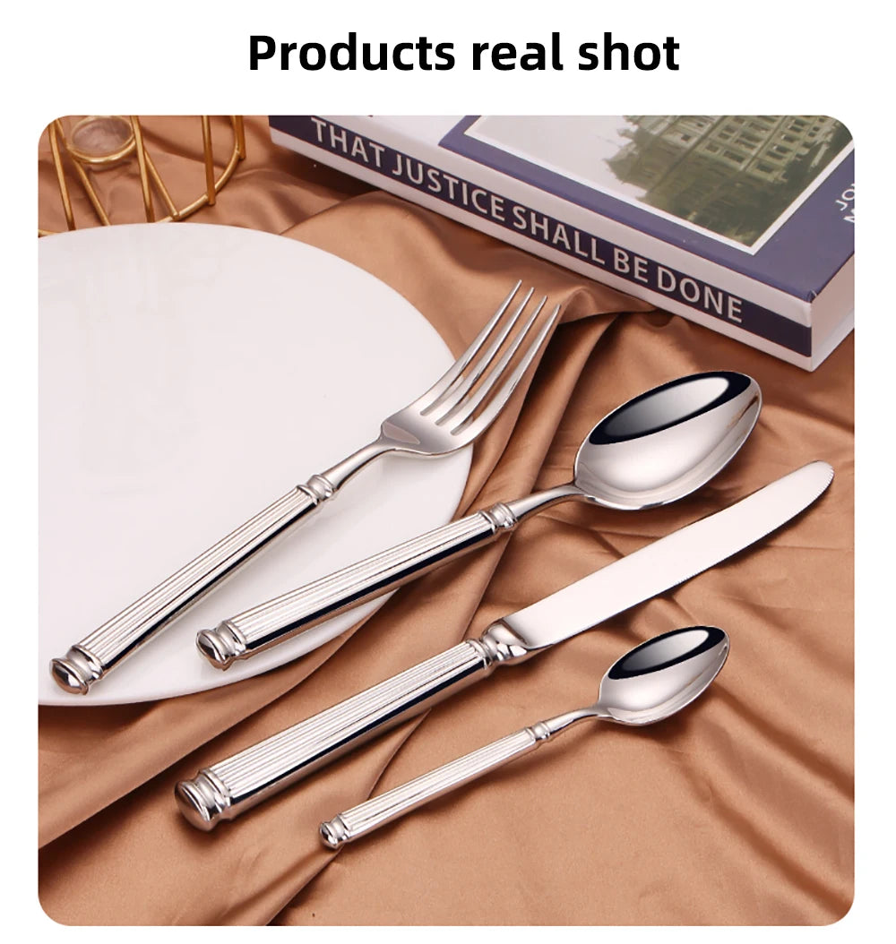 Elegant Silver Striped Cutlery Set - Premium 304 Stainless Steel Tableware
