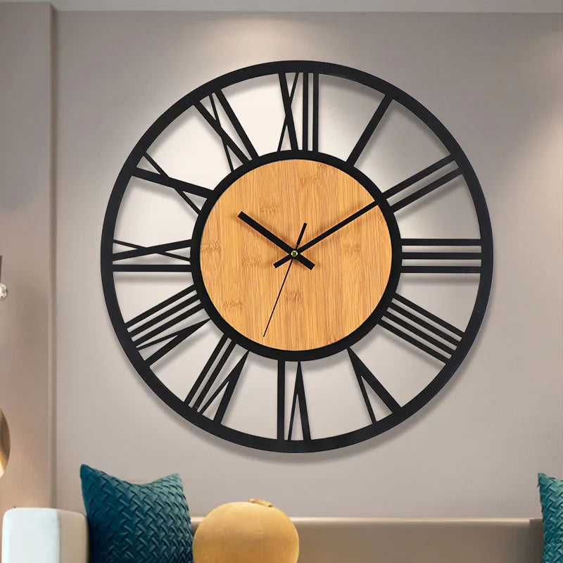 Nordic Retro 3D Large Wall Clock - Silent Roman Numerals Wood Metal Iron Decor