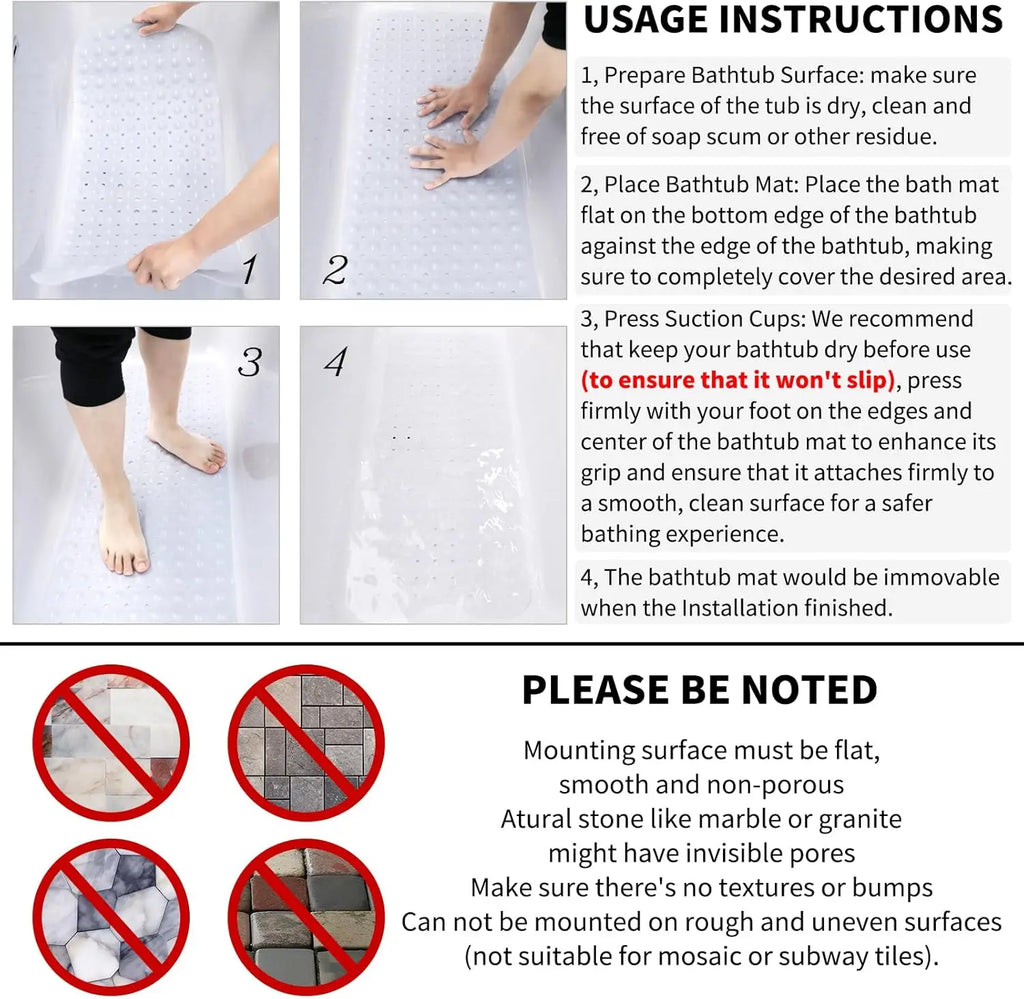Cartoon Extra Long Bathtub Mat - Non-Slip Shower Mat 40x100cm with Suction Cups & Drain Holes