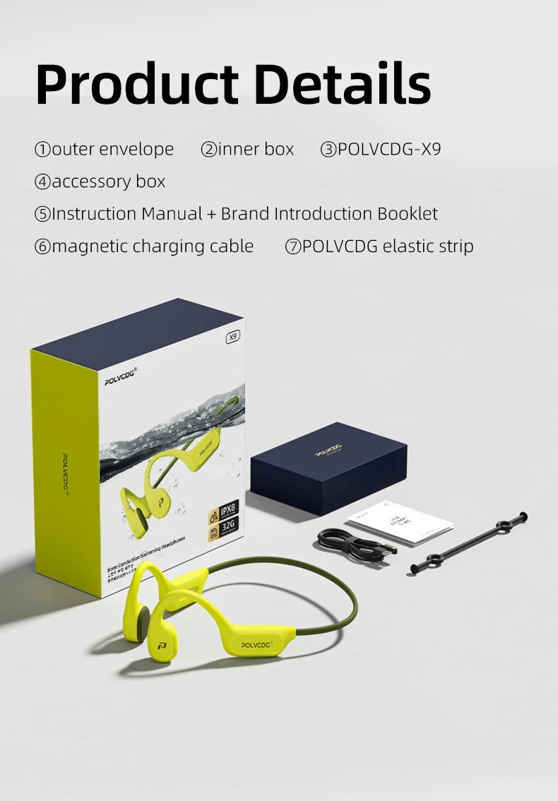 POLVCDG X9 Bone Conduction Headphones - 32GB IPX8 Waterproof