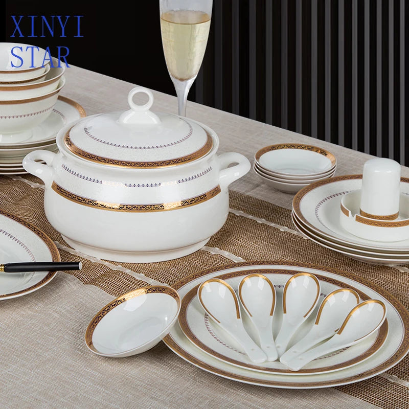 Luxury 58-Pc Gold Rim Bone China Dinnerware Set - Elegant Dining