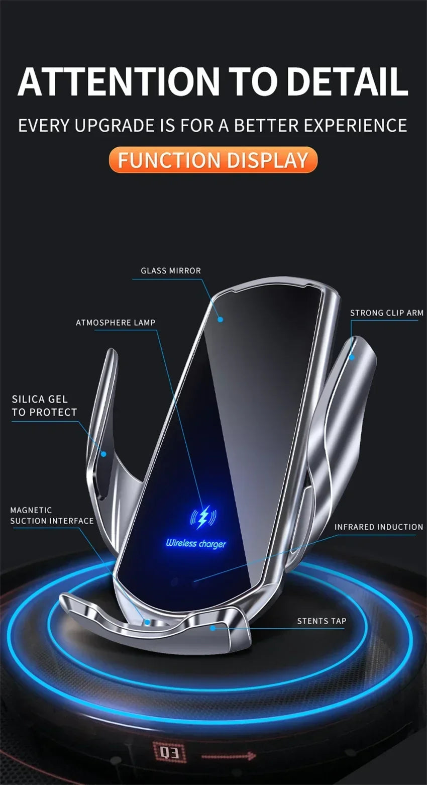 VIKEFON 15W Magnetic Wireless Car Charger & Auto Phone Mount - Fast Charging