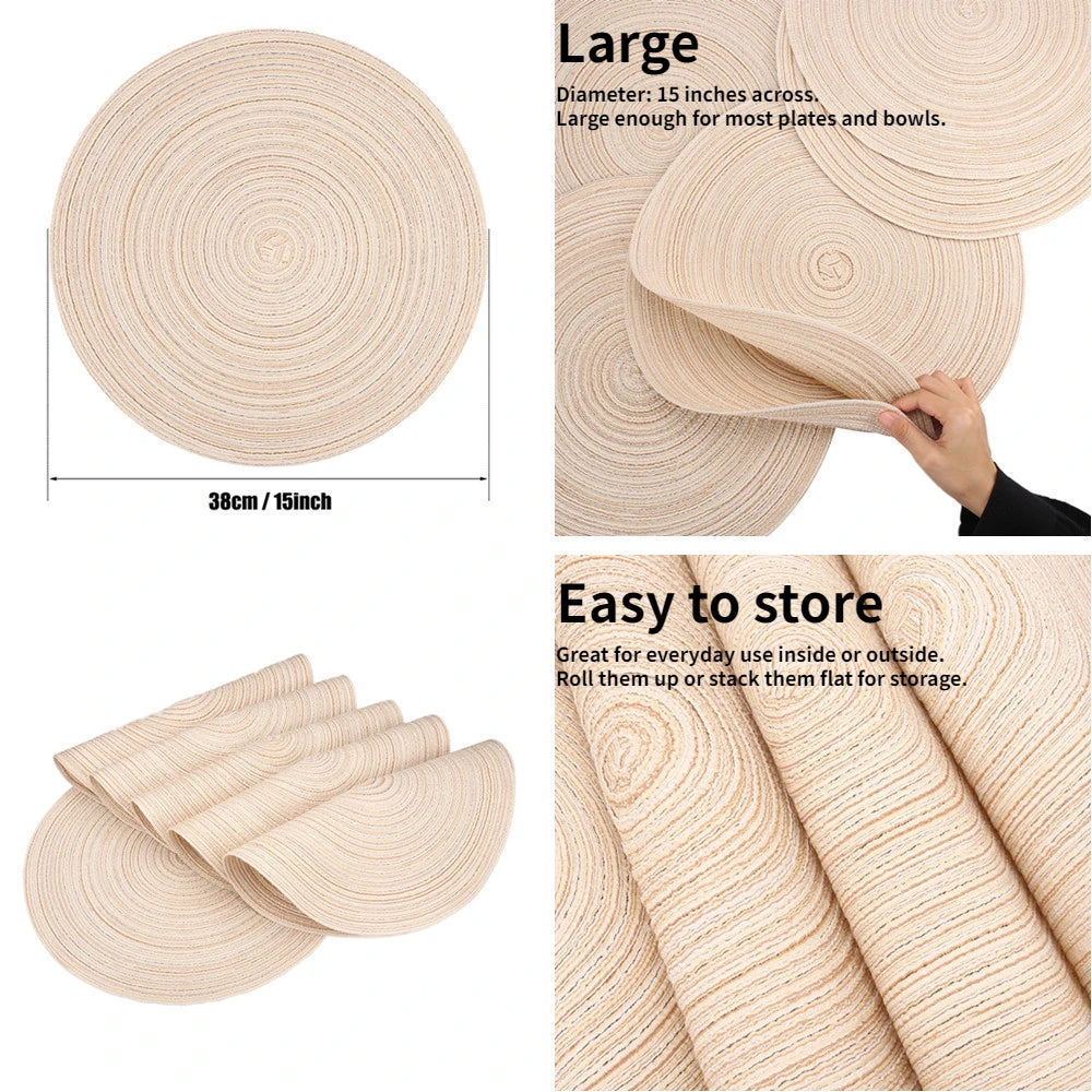 Elegant Round Braided Washable Placemats - Set of 6