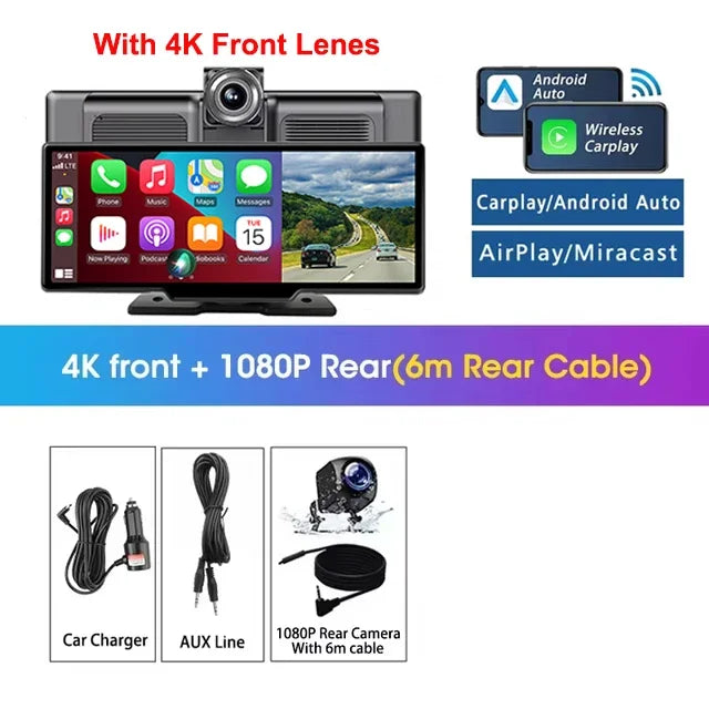 Srnubi 10.26" 4K Dash Cam with CarPlay, Android Auto & GPS