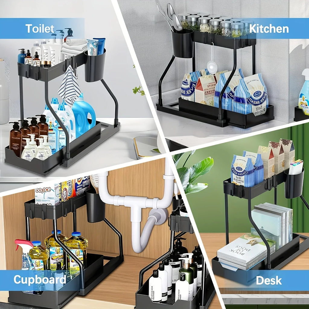 Vabena 2-Tier Under Sink Pull-Out Organizer - Space Saving Storage for Kitchen & Bath