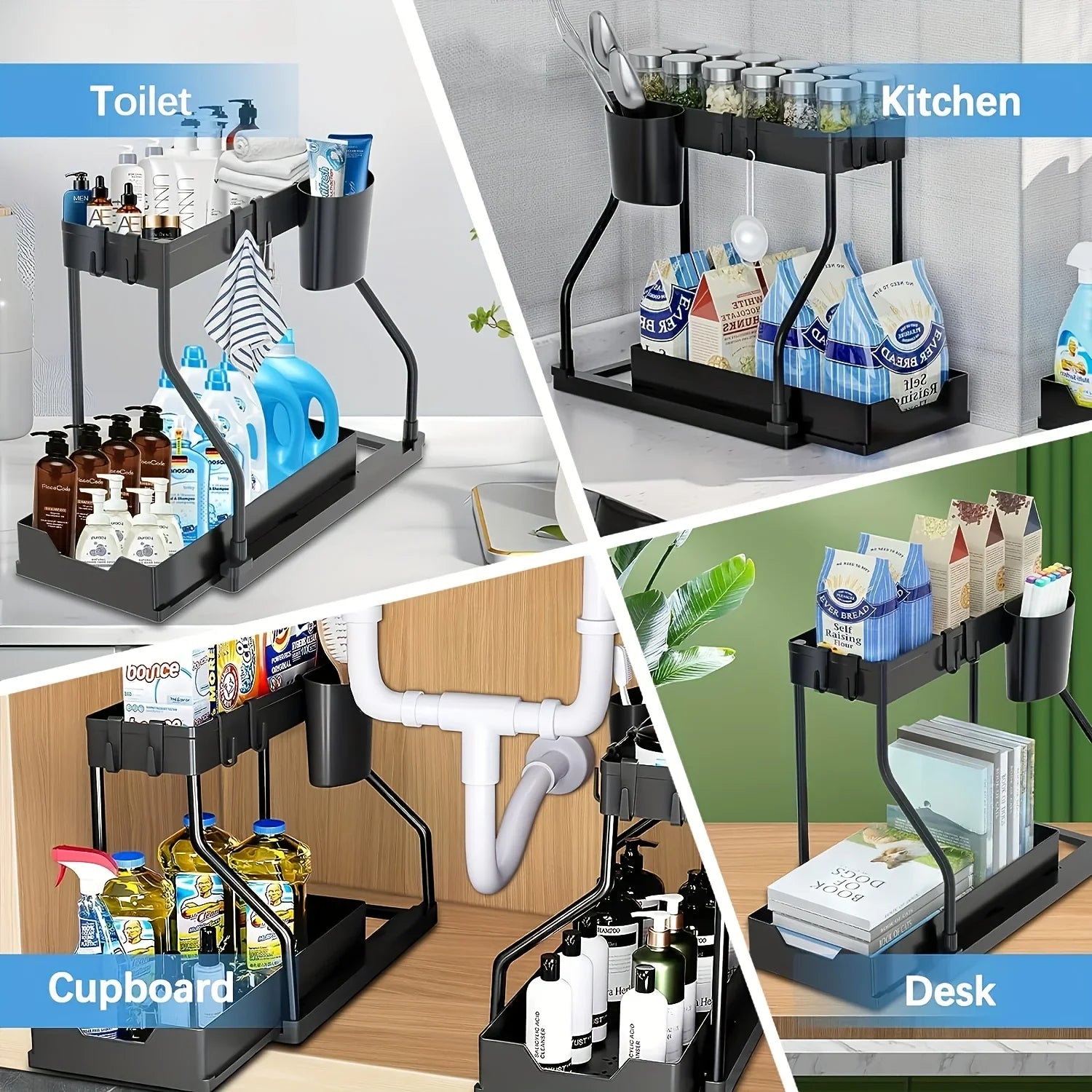 Vabena 2-Tier Under Sink Pull-Out Organizer - Space Saving Storage for Kitchen & Bath