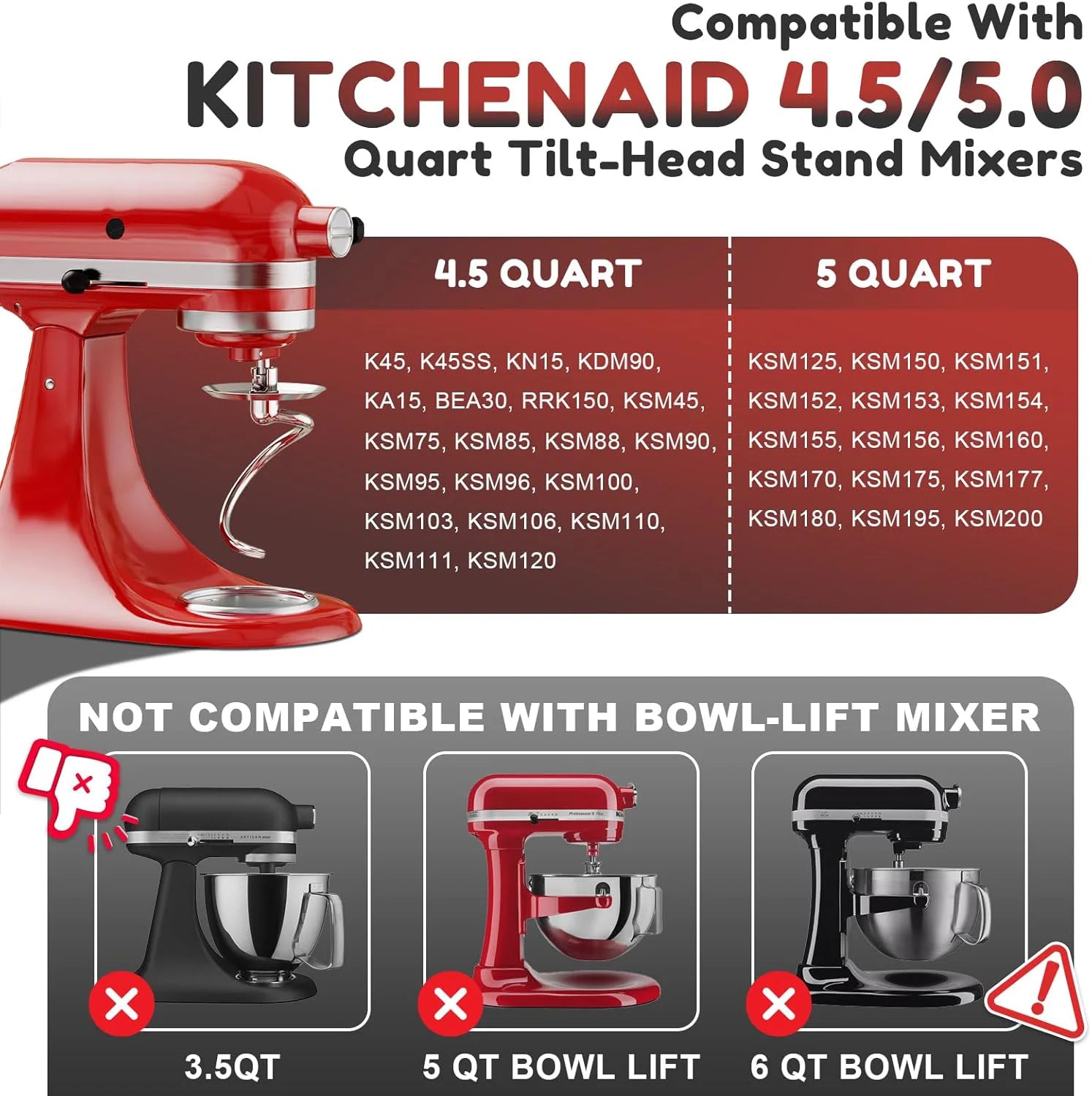 Dishwasher Safe Spiral Dough Hook for KitchenAid Tilt-Head Mixers (4.5-5 Qt)