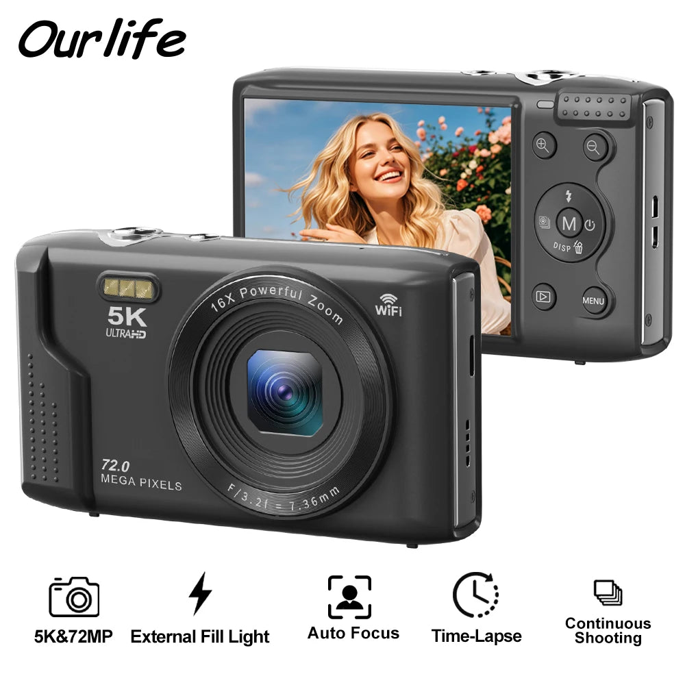 Ourlife 5K 72MP Compact Camera for Vintage Photography & Vlogging