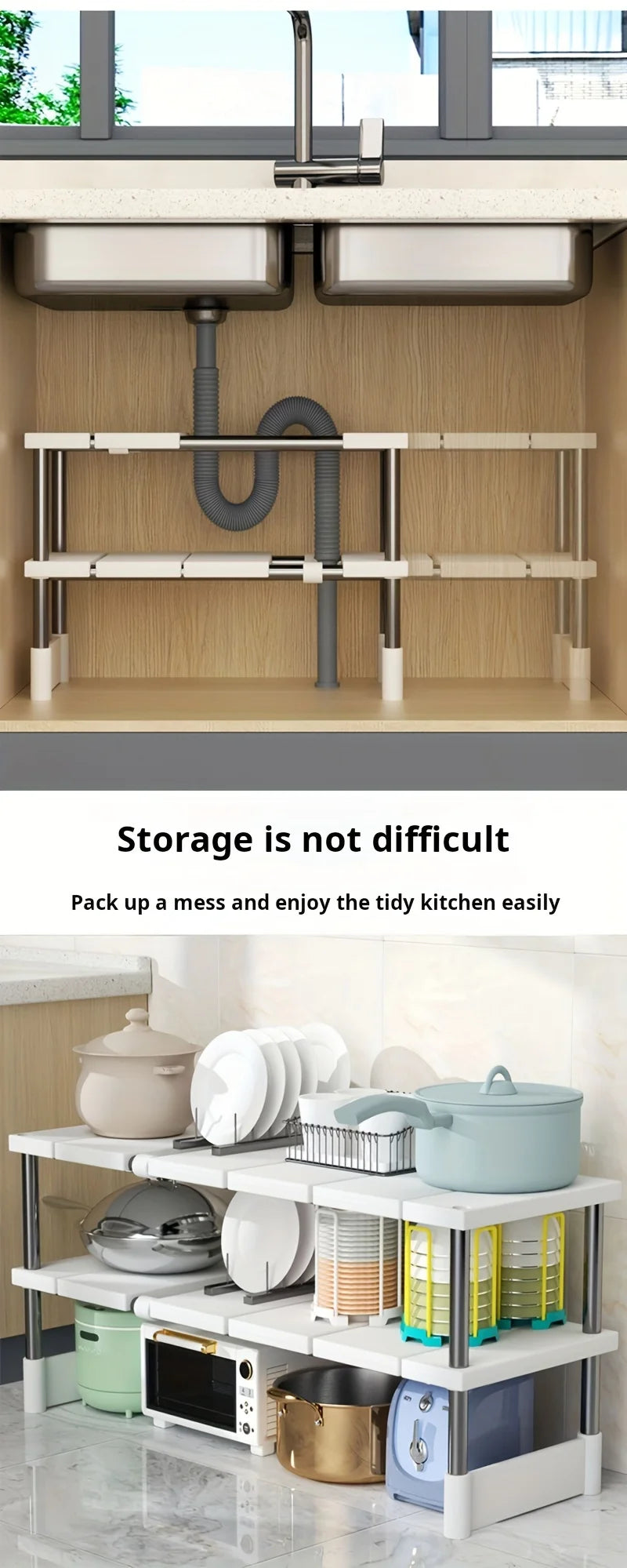 Adjustable Under Sink Storage Rack | Expandable Kitchen & Bathroom Organizer