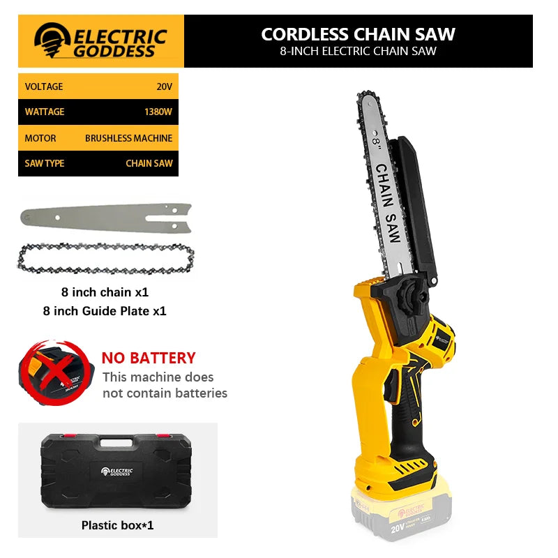 8-Inch 1380W Brushless Electric Chainsaw - Professional Pruning Saw for Dewalt 20V