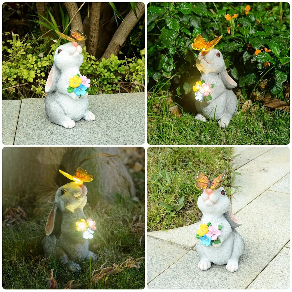 Enchanting Solar Bunny Garden Statue with LED Butterfly Light