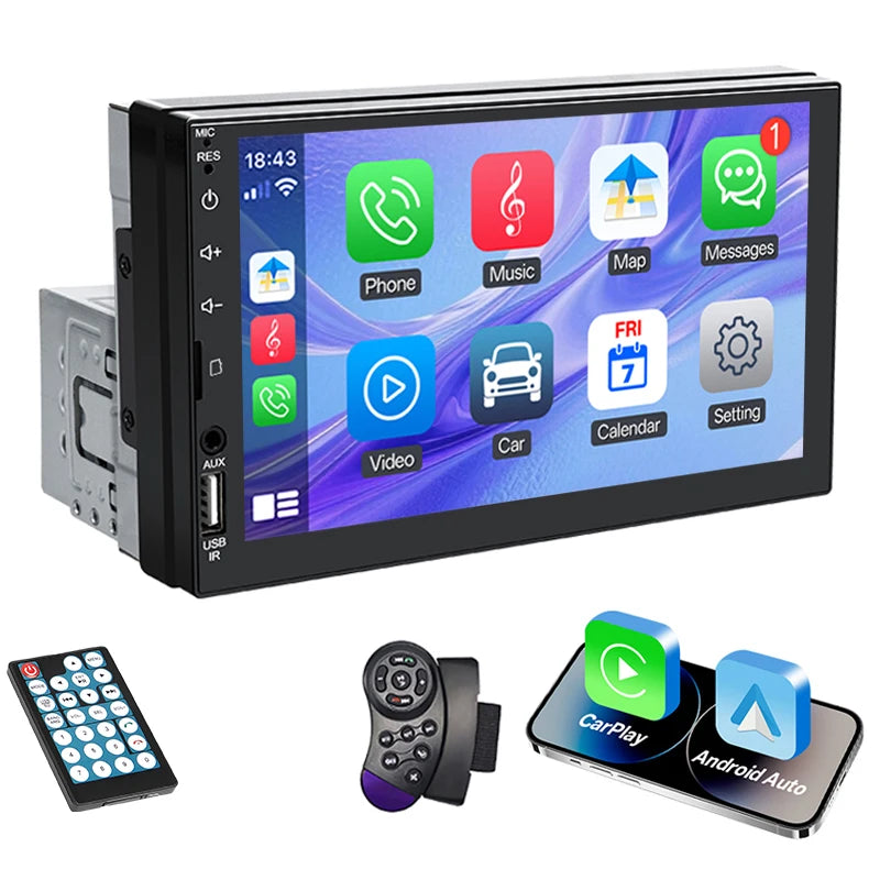 Hippcron 7" 1 Din Car Radio - CarPlay Android Auto Multimedia Player