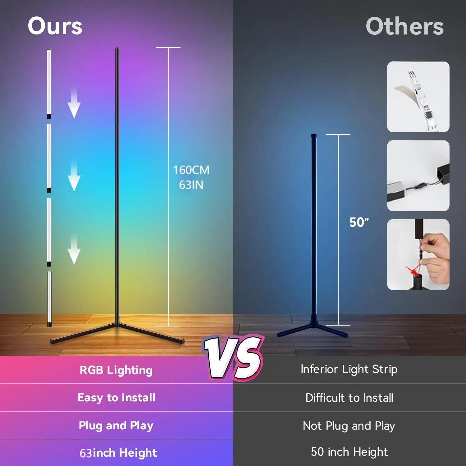 Smart RGB LED Corner Floor Lamp - App & Remote, 16M Colors, 63in