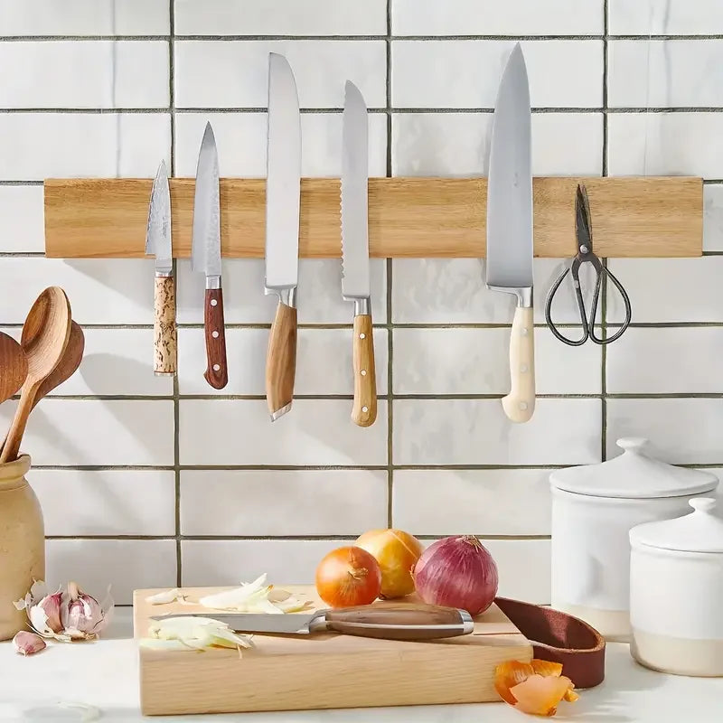 Vabena Wall-Mounted Acacia Magnetic Knife Rack - Kitchen Organizer