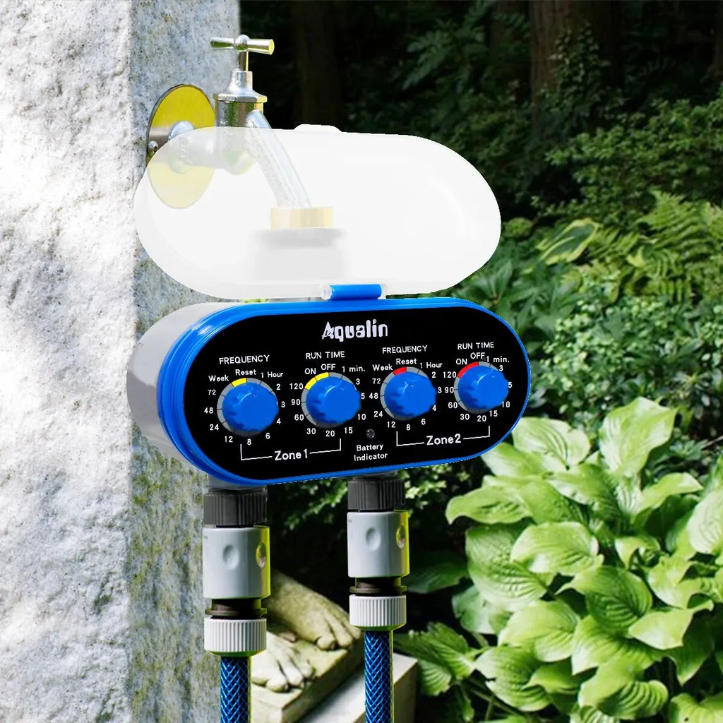 Automatic Garden Water Timer, 2 Outlet Ball Valve, 4 Dials, 0 Pressure Irrigation Controller for Yard