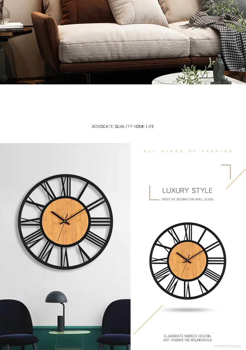 Nordic Retro 3D Large Wall Clock - Silent Roman Numerals Wood Metal Iron Decor
