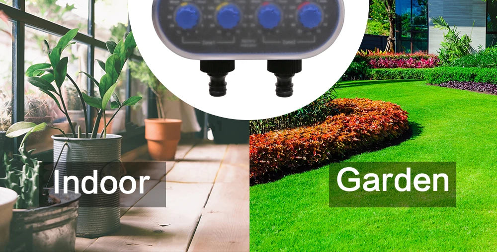 Automatic Garden Water Timer, 2 Outlet Ball Valve, 4 Dials, 0 Pressure Irrigation Controller for Yard