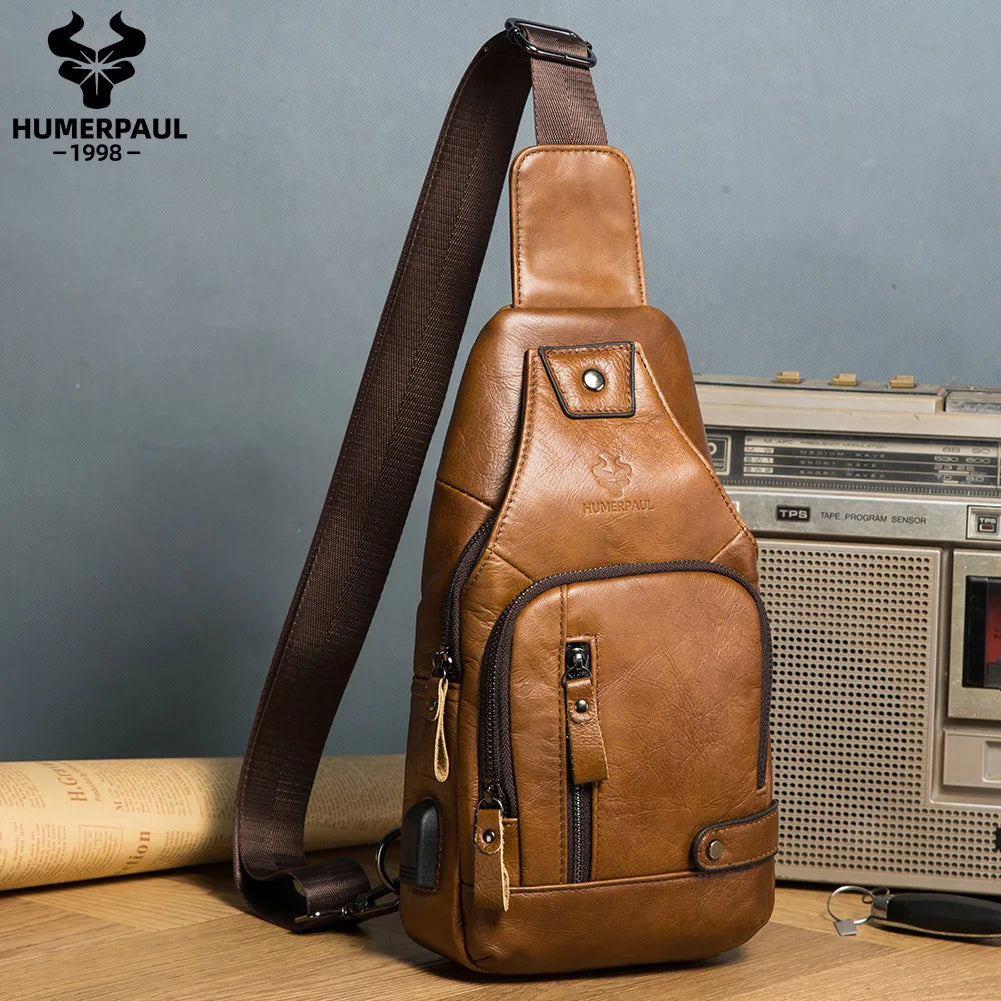 HUMERPAUL Men's Genuine Leather USB Crossbody Chest Bag - Travel & Fashion