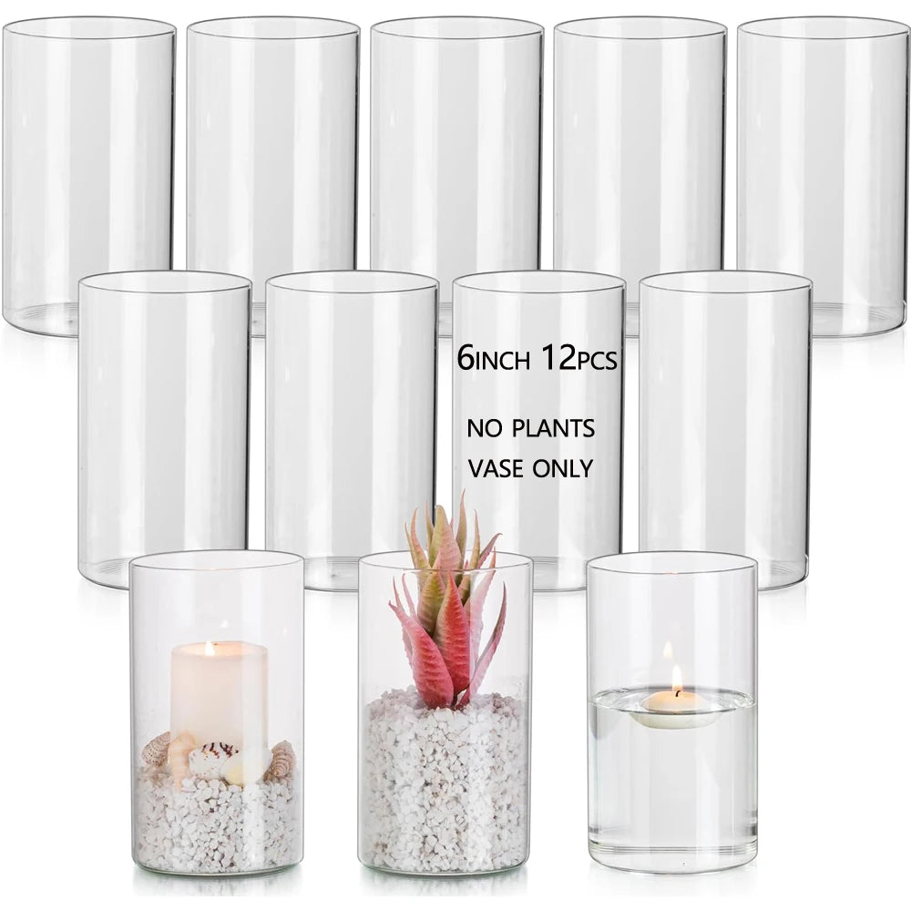 Clear Glass Cylinder Vase & Hurricane Candle Holder Set (4/6/8 Inch) - Home & Wedding Decor