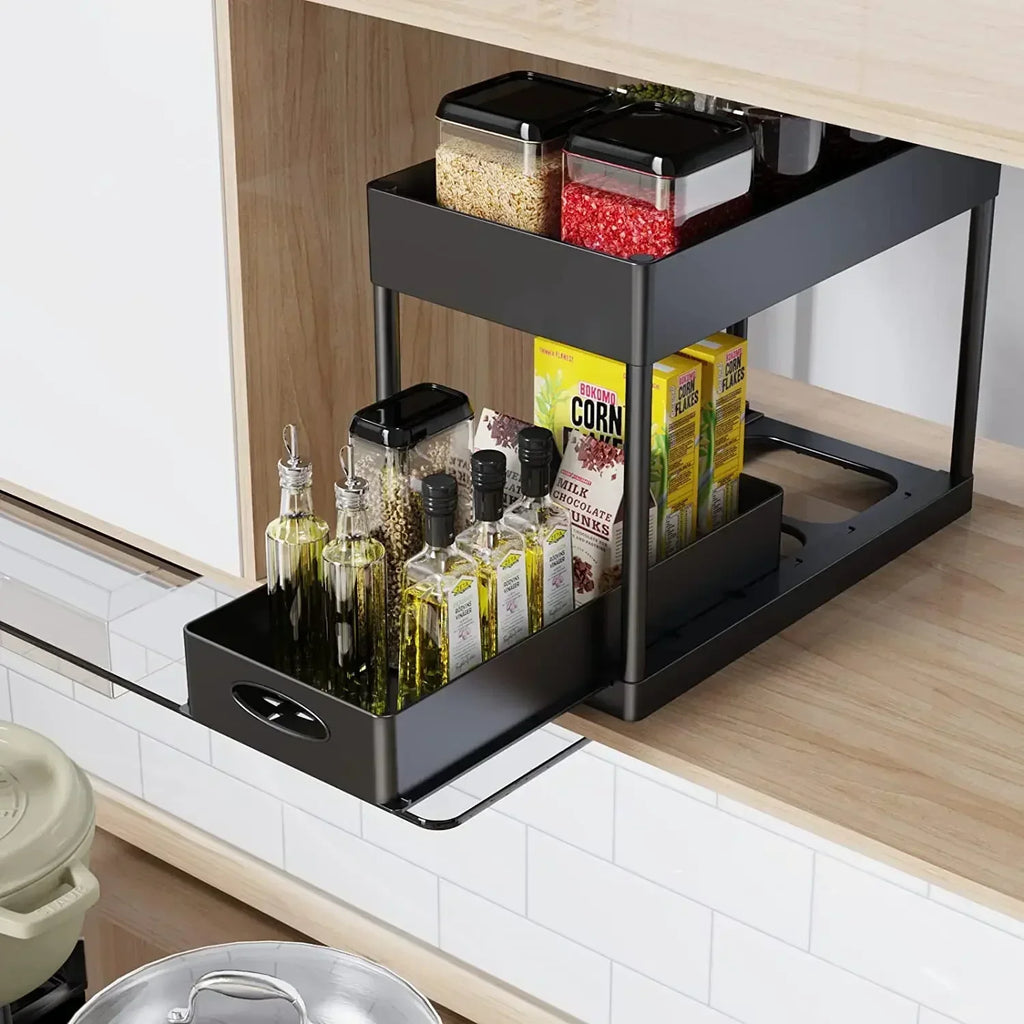 2-Tier Under Sink Organizer - Sliding Cabinet Basket Storage Rack for Bathroom & Kitchen