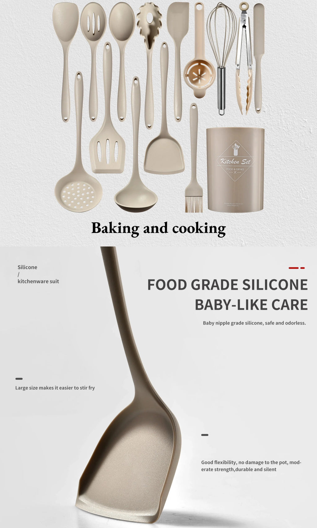 15-Piece Khaki Food Grade Silicone Kitchen Utensil Set