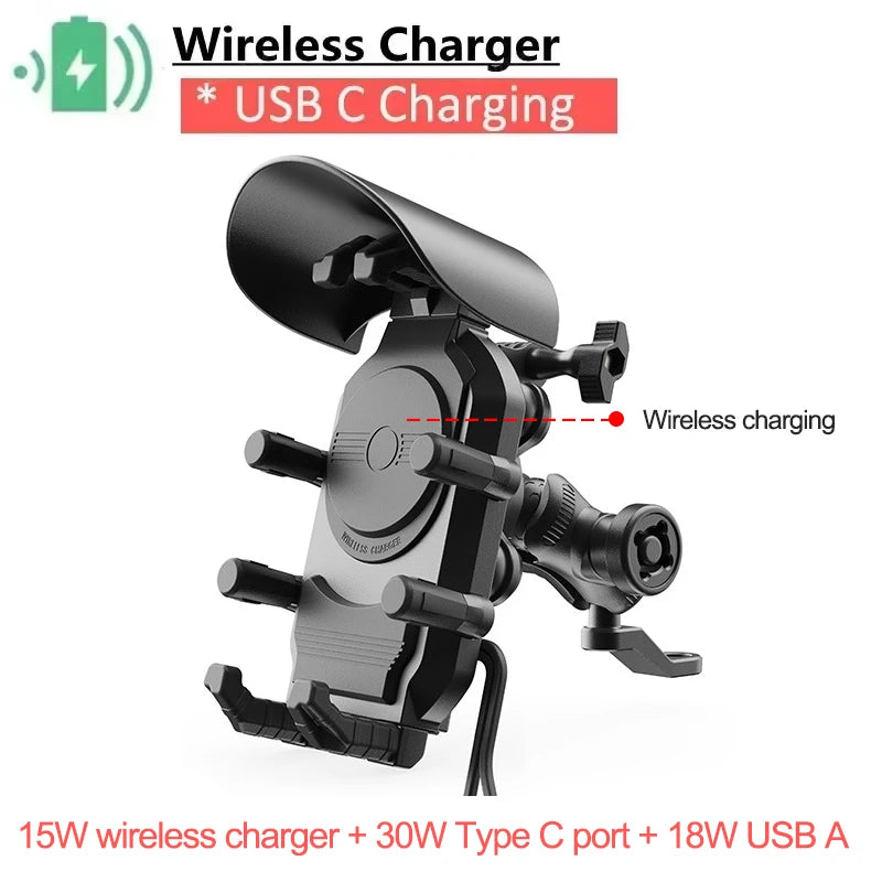 Motorcycle Phone Holder & Fast Charger - Wireless, USB, Type C | Shockproof Bike Mount