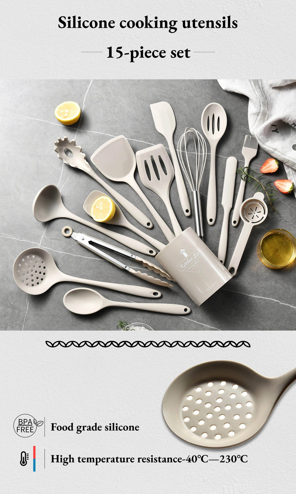 15-Piece Khaki Food Grade Silicone Kitchen Utensil Set