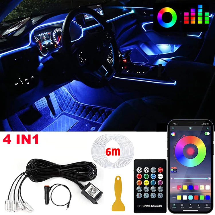 LED Car Interior Ambient Lighting Kit - RGB App Control Fiber Optic Strips
