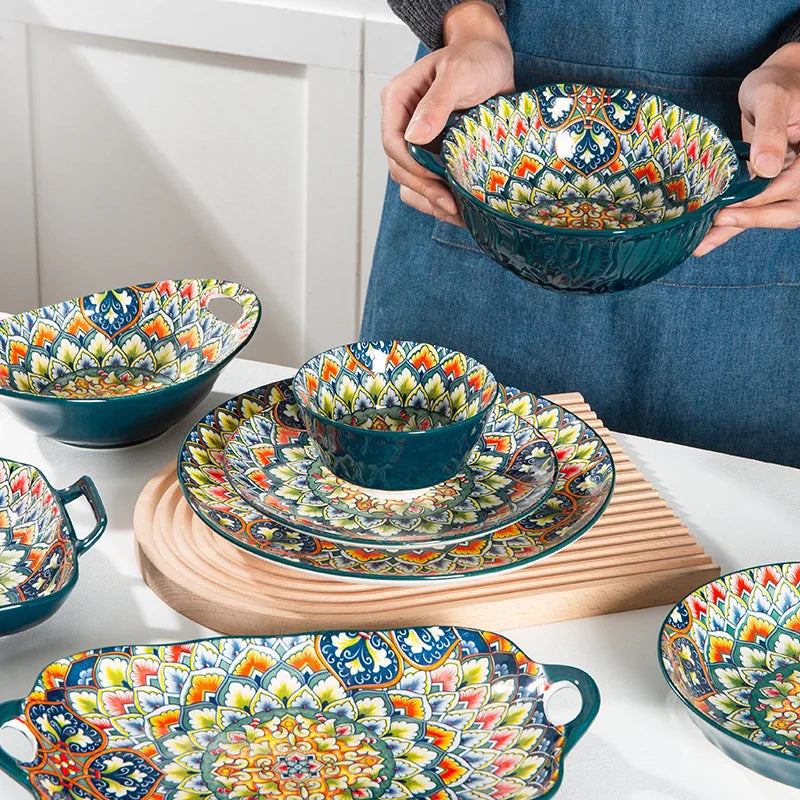 Bohemia Retro Ceramic Dinner Plate Set - Elegant Household Tableware