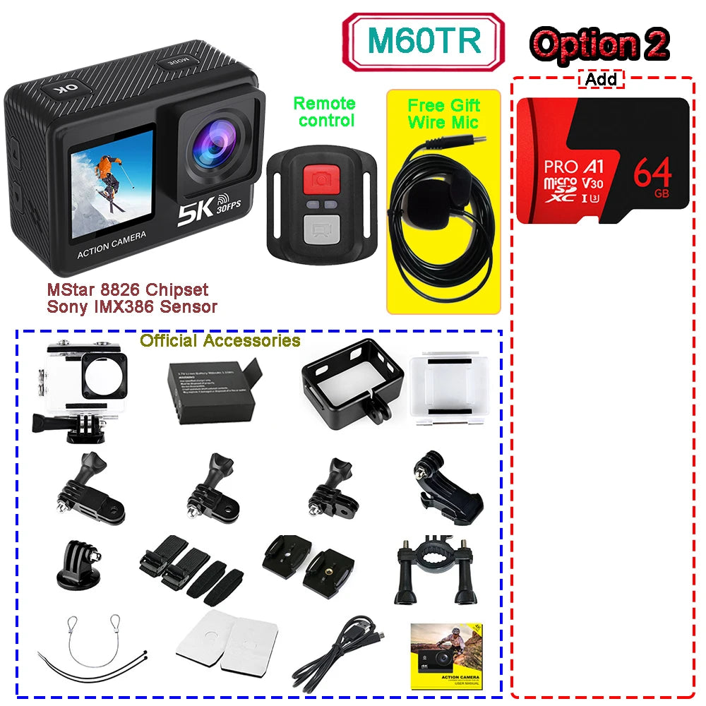Sony IMX576 5K 4K 60FPS Waterproof 48MP Wi-Fi Action Camera for Adventure
