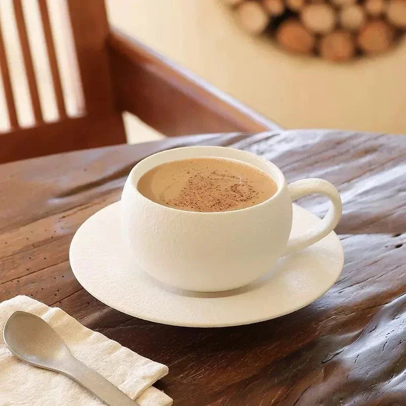 Artisan Fired Stone Ceramic Mug & Saucer Set | Rustic Elegance